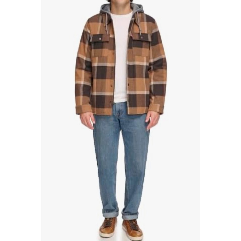 Levi Strauss & Co. Mens XL Brown Plaid Sherpa Lined Hooded Shirt Jacket NWT